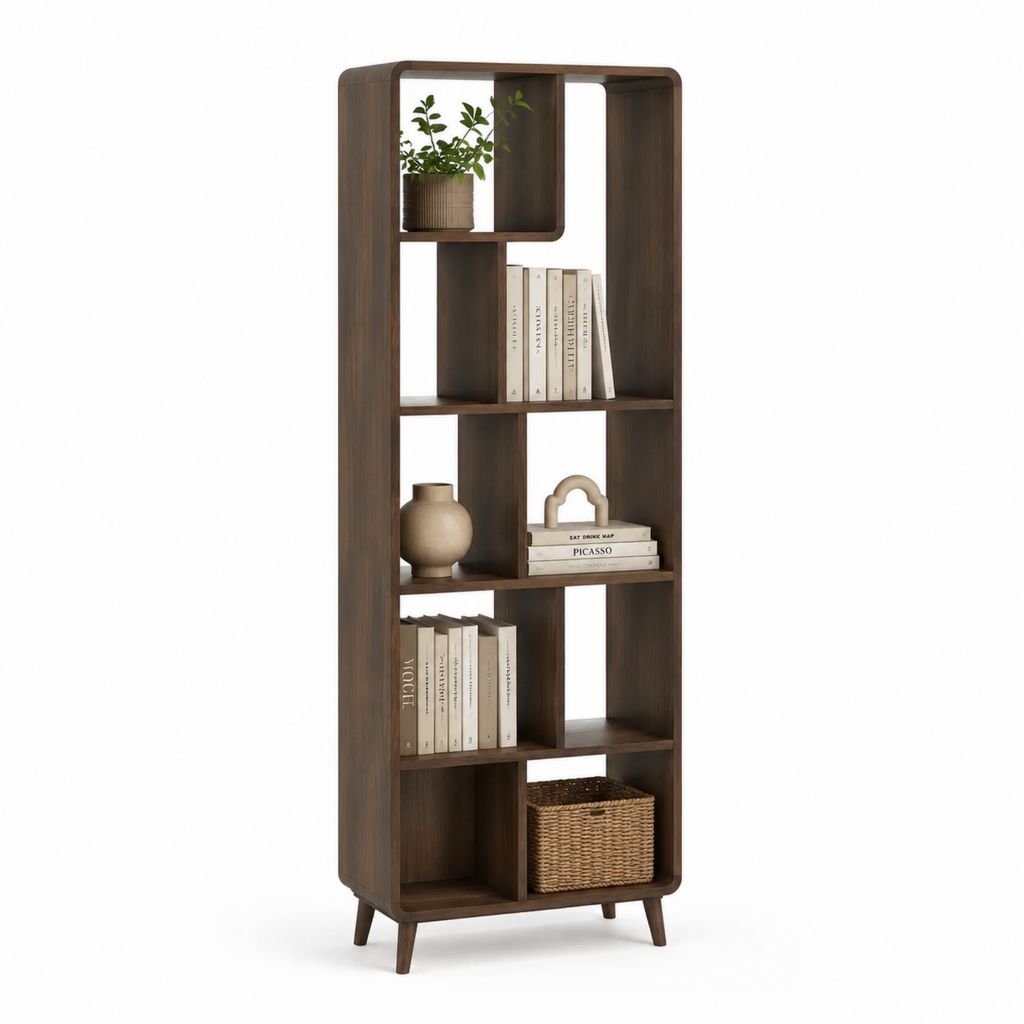 Libreria rettangolare a giorno in MDF e legno, marrone noce, 80 x 30 x 180 cm