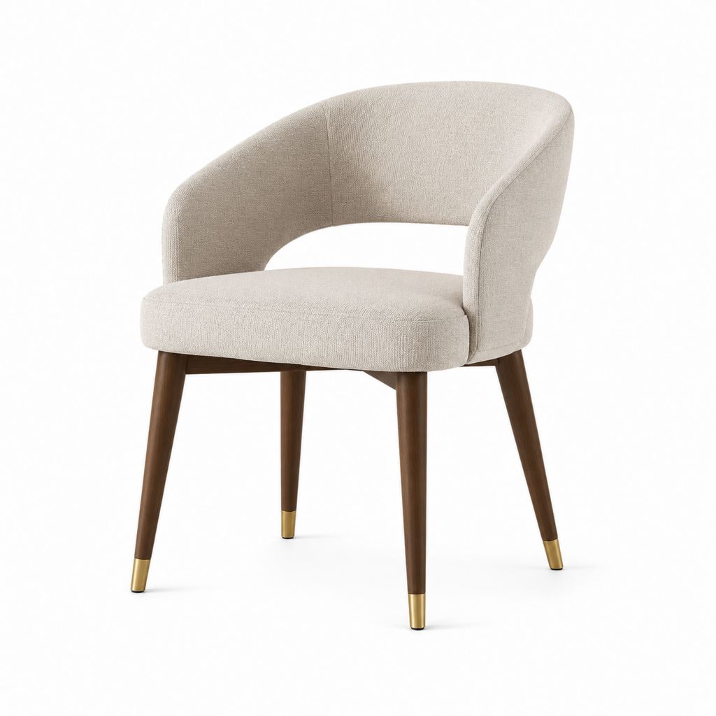 Sedia da pranzo imbottita con braccioli, rivestimento in poliestere beige e gambe in legno massello, 61 x 59 x 78 cm