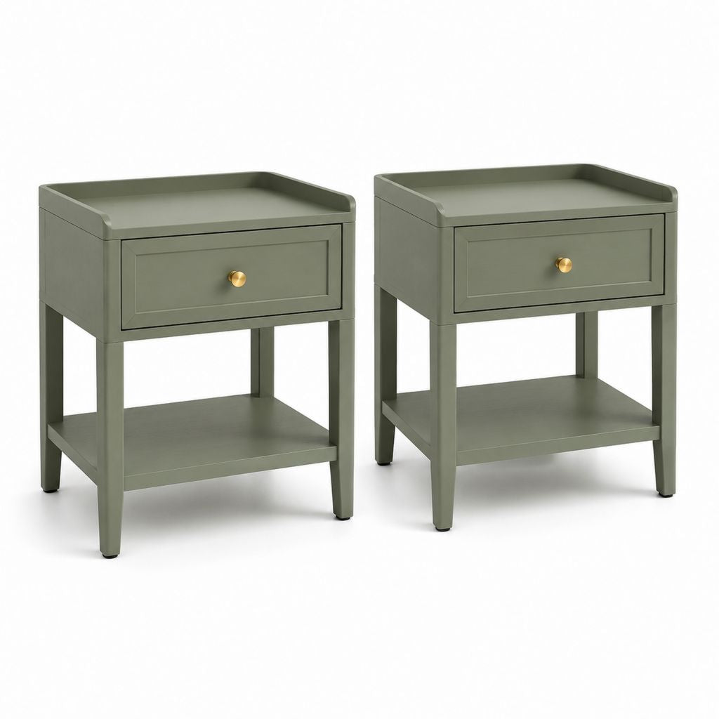 Set di 2 comodini rettangolari in MDF e legno massello verde oliva con cassetto e ripiano, 45 × 35 × 60 cm