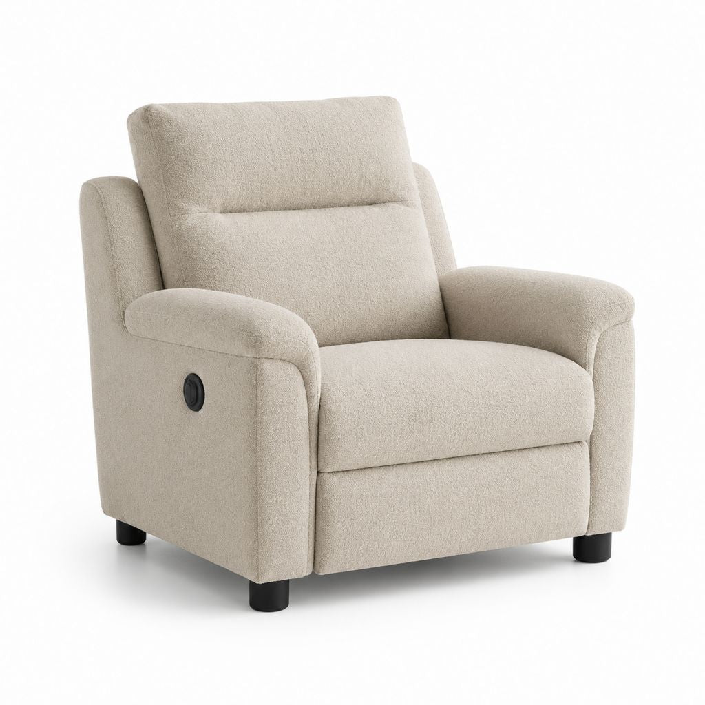 Poltrona reclinabile manuale imbottita in tessuto bouclé beige e nero, 92 × 96 × 104 cm