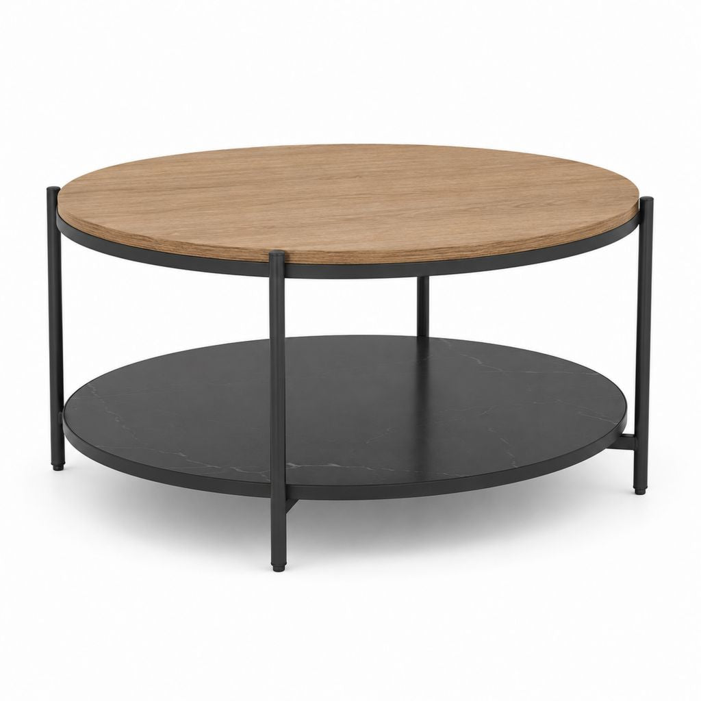 Tavolino da caffè rotondo a 2 ripiani in MDF e acciaio, rovere naturale e nero, Ø 80 × 45 cm