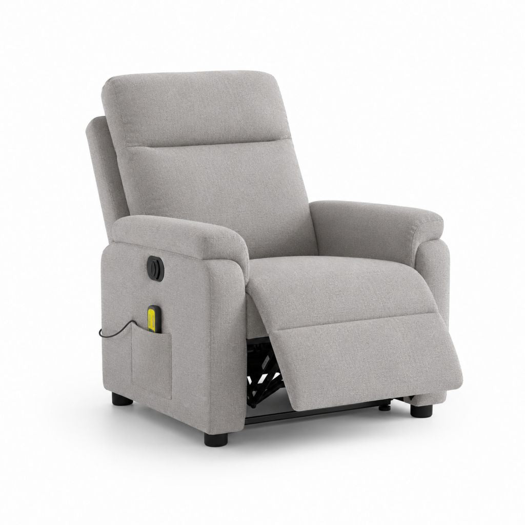 Poltrona reclinabile elettrica monoposto in tessuto grigio chiaro con schienale alto e poggiapiedi, 90 x 94 x 105 cm