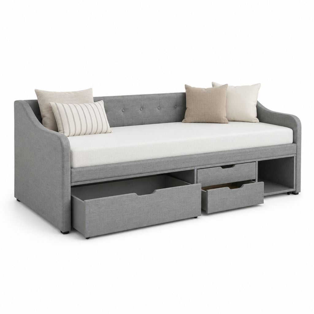Divano letto singolo in tessuto grigio con materasso bianco 90 x 200 cm, 3 cassetti e vano aperto, 213 x 100 x 85 cm