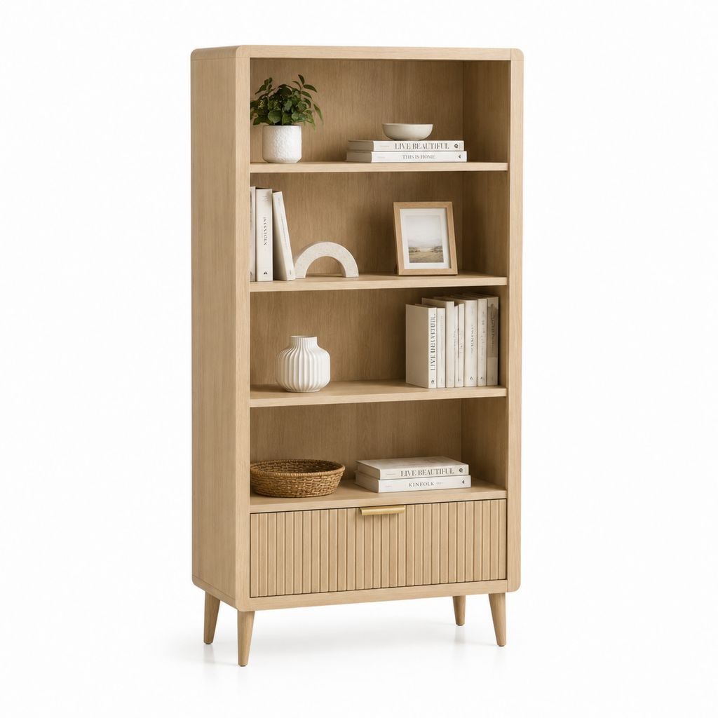 Libreria alta rettangolare in MDF impiallacciato rovere naturale con 3 ripiani e mobile a 2 ante, 80 × 35 × 180 cm
