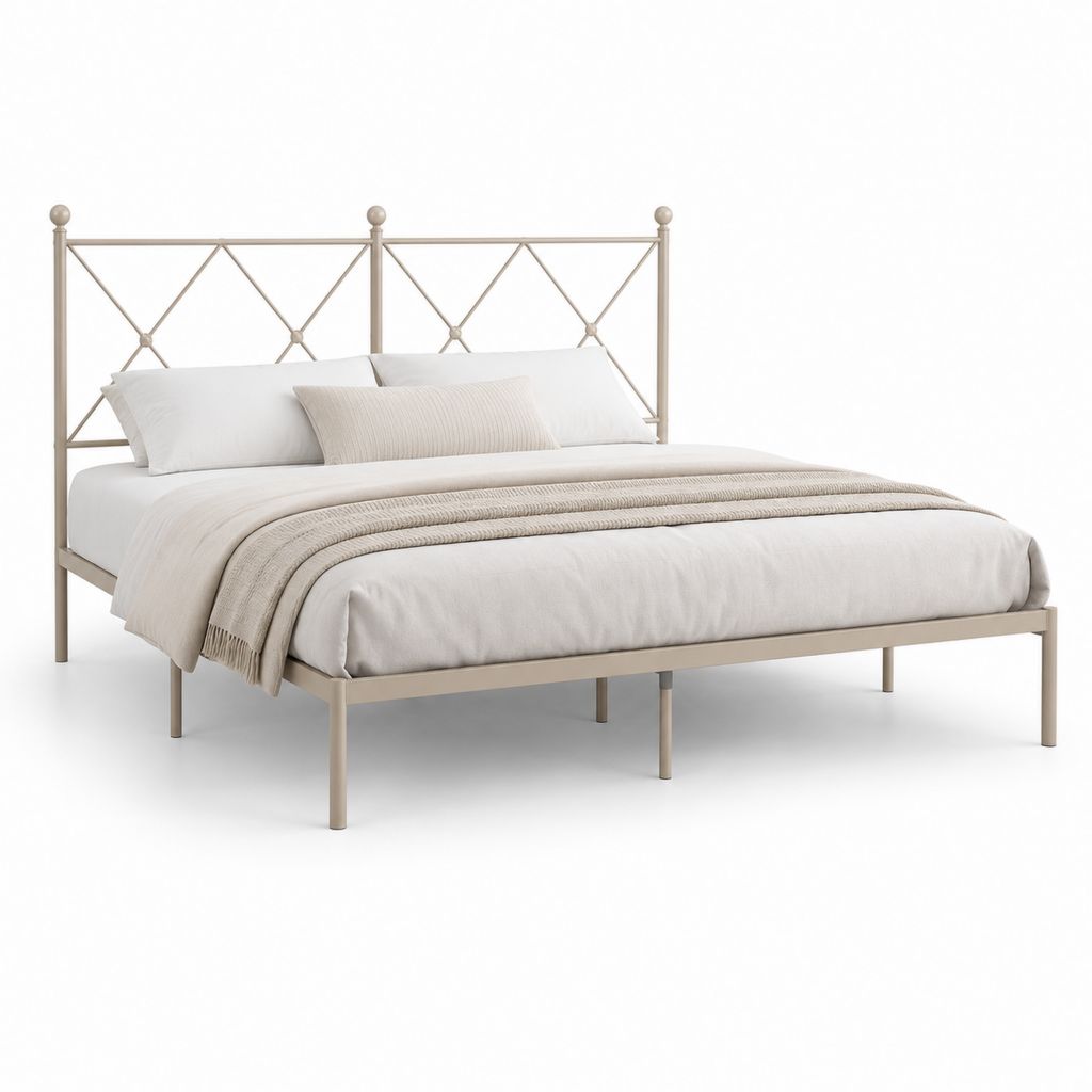Letto matrimoniale in acciaio beige tortora con testiera geometrica, superficie 160 x 200 cm, dimensioni 208 x 166 x 115 cm