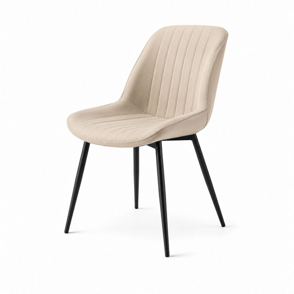 Sedia da pranzo imbottita in velluto beige con schienale curvo e gambe in acciaio nero, 52 x 58 x 84 cm