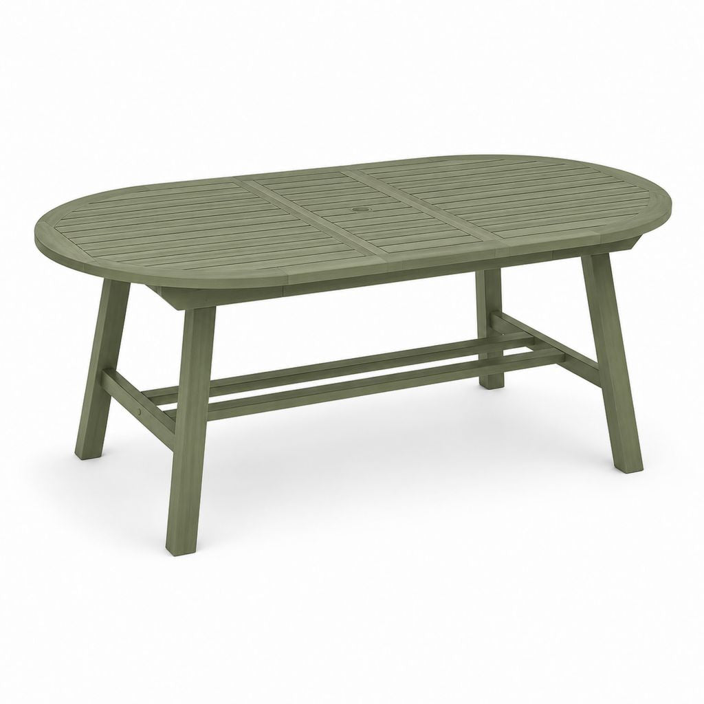 Tavolo da giardino ovale in legno massello di pino verde 160 x 80 x 75 cm con foro per ombrellone