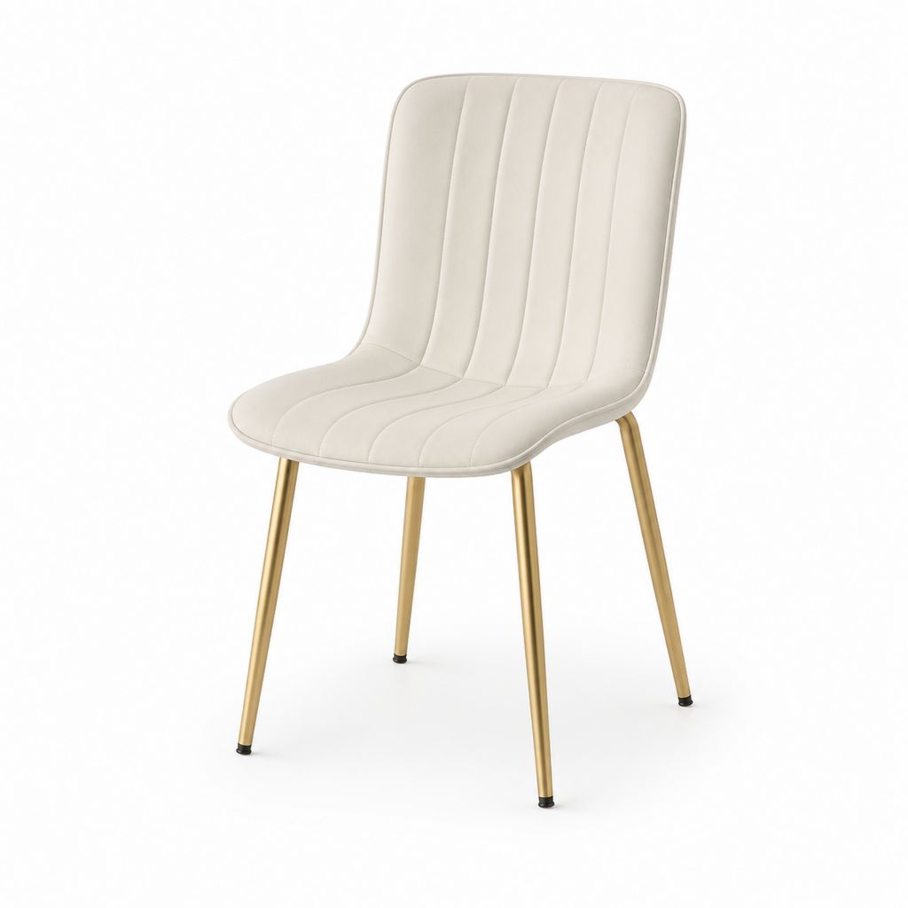 Sedia da pranzo imbottita in velluto di poliestere beige con schienale arrotondato e gambe in acciaio dorato, 48 x 55 x 84 cm