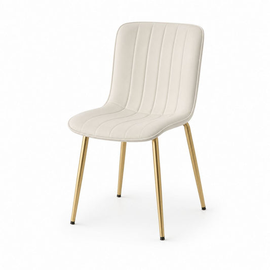 Sedia da pranzo imbottita in velluto di poliestere beige con schienale arrotondato e gambe in acciaio dorato, 48 x 55 x 84 cm