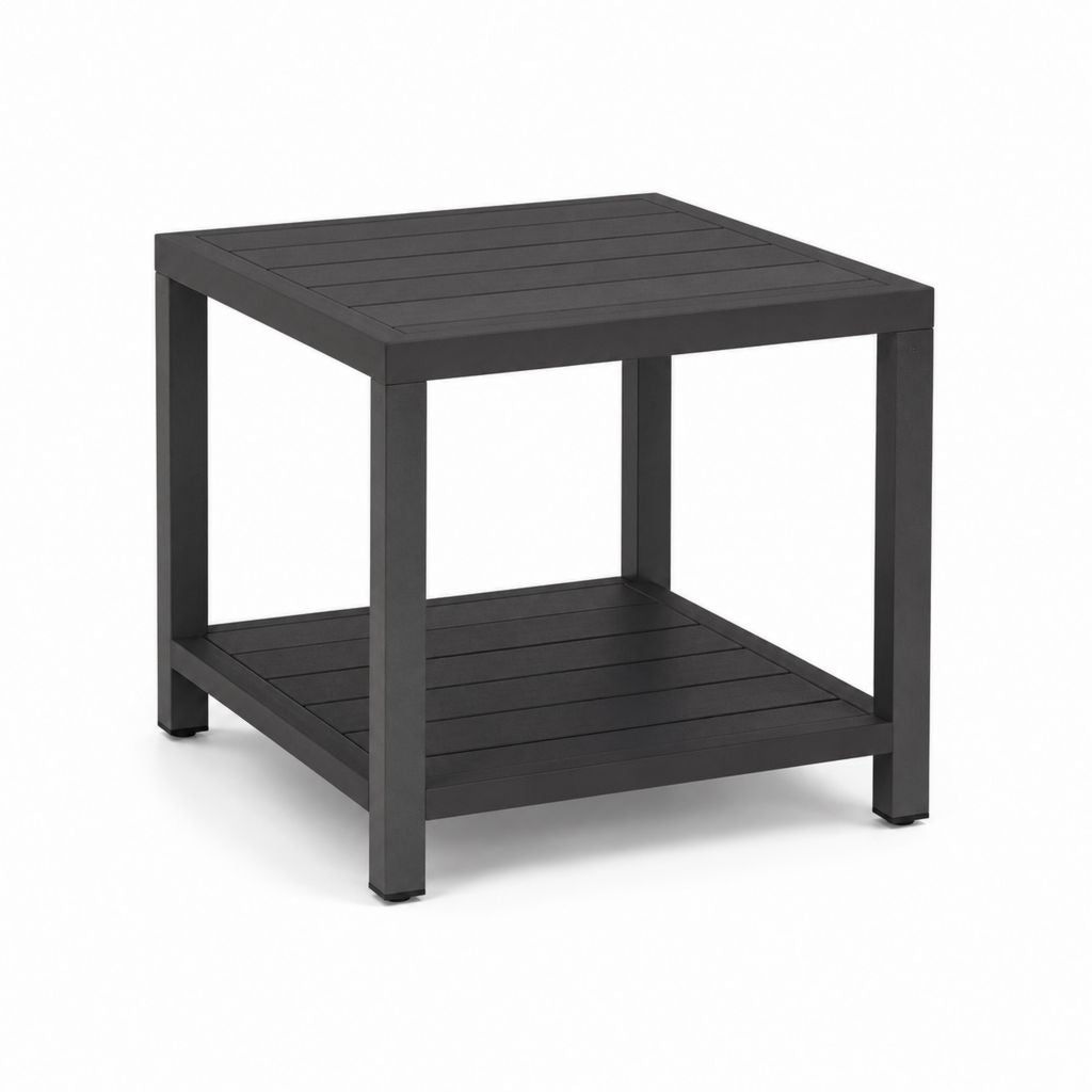Tavolino da caffè quadrato in alluminio nero con ripiano, 50 x 50 x 50 cm