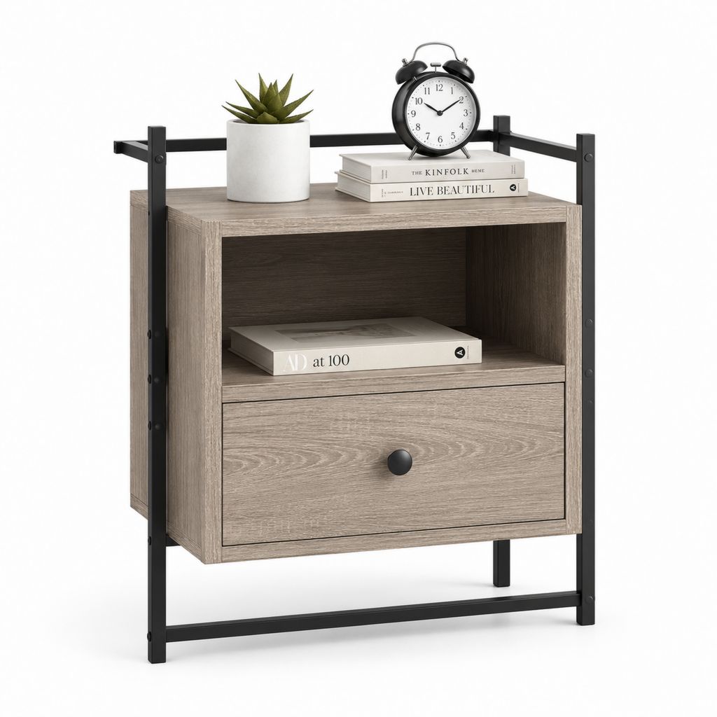 Comodino rettangolare in pannello truciolare e acciaio con cassetto e vano aperto, 50 x 40 x 60 cm, rovere grigio e nero