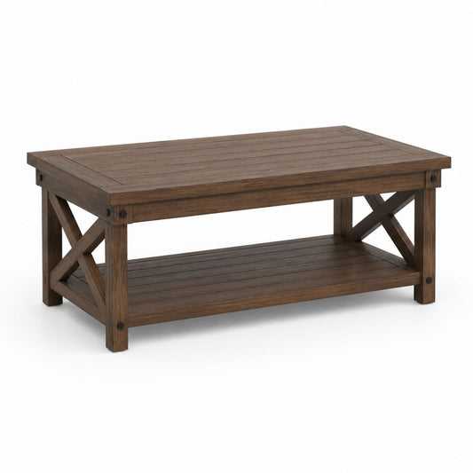 Tavolino da caffè rettangolare in legno massello di acacia marrone scuro con ripiano, 110 x 60 x 46 cm