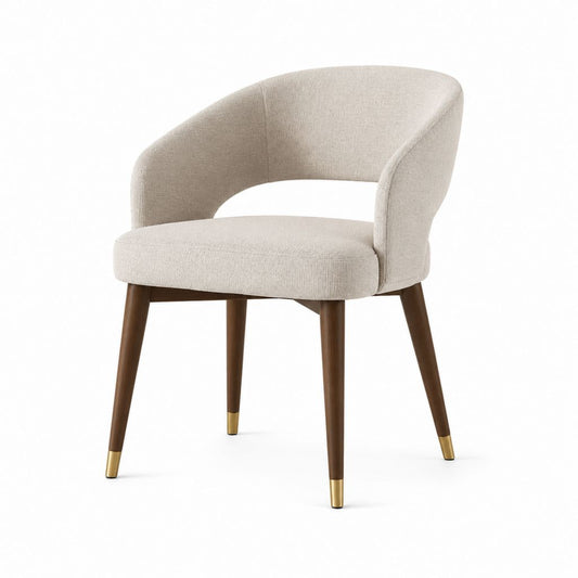 Sedia da pranzo imbottita con braccioli, rivestimento in poliestere beige e gambe in legno massello, 61 x 59 x 78 cm