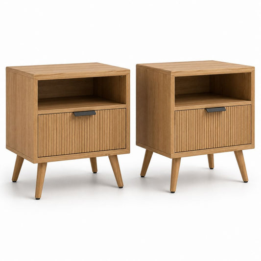Set di 2 comodini rettangolari in MDF effetto rovere naturale con cassetto e vano aperto, 45 × 35 × 60 cm