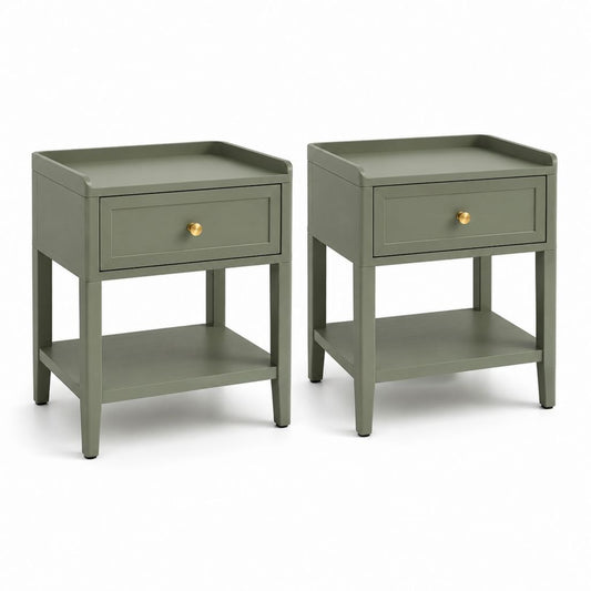 Set di 2 comodini rettangolari in MDF e legno massello verde oliva con cassetto e ripiano, 45 × 35 × 60 cm