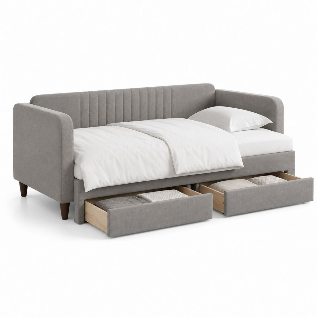 Letto singolo imbottito in tessuto grigio con 2 cassetti contenitore, 101 x 215 x 88 cm, per materasso 90 x 200 cm