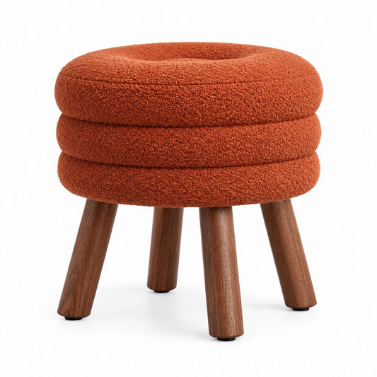 Sgabello poggiapiedi rotondo imbottito in tessuto e legno terracotta, 48 × 48 × 46 cm