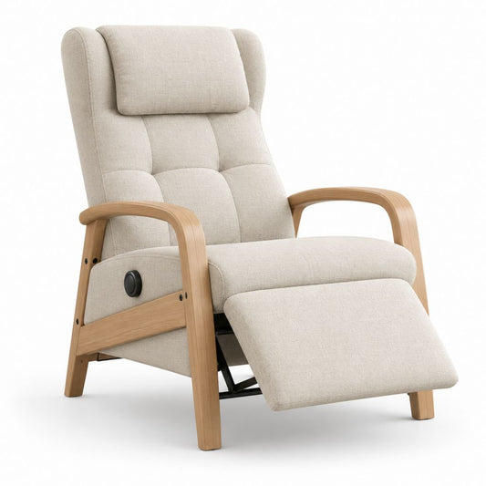 Poltrona reclinabile con poggiapiedi in poliestere beige e legno massello, schienale alto, 69 × 84 × 103 cm