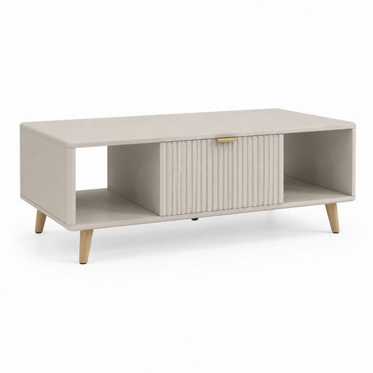Tavolino da caffè rettangolare in MDF beige e legno naturale con cassetto e 2 vani aperti, 100 × 50 × 45 cm