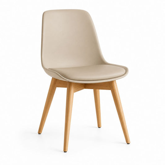 Sedia da pranzo imbottita in similpelle PU beige con gambe in legno, 48 x 55 x 82 cm