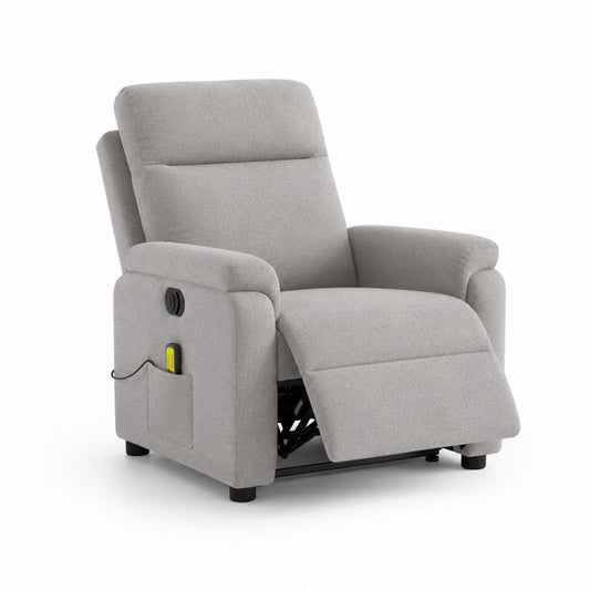 Poltrona reclinabile elettrica monoposto in tessuto grigio chiaro con schienale alto e poggiapiedi, 90 x 94 x 105 cm