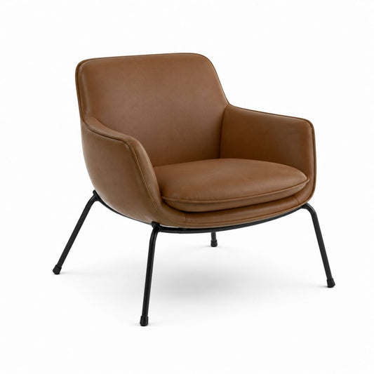 Poltrona imbottita in pelle sintetica marrone con gambe in acciaio nero, 76 x 78 x 82 cm