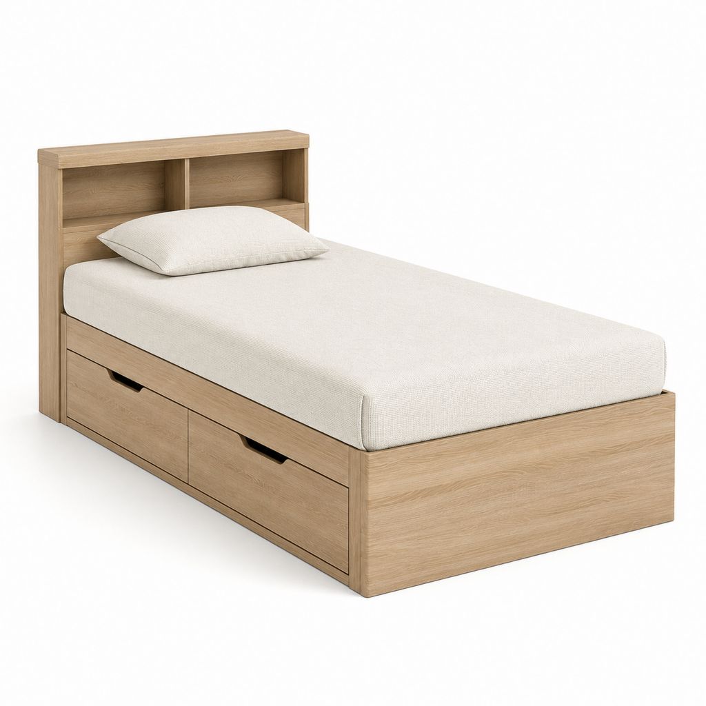 Letto singolo rettangolare 90 x 200 cm con 2 cassetti e testiera a ripiani in truciolare melaminico rovere naturale