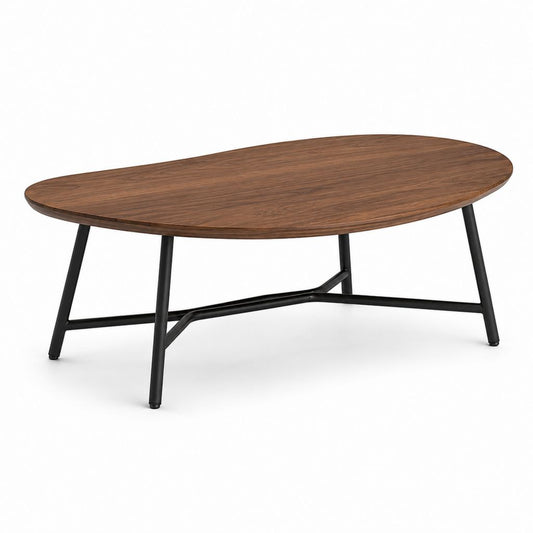 Tavolino da caffè ovale in MDF impiallacciato noce e acciaio nero, 110 x 60 x 40 cm