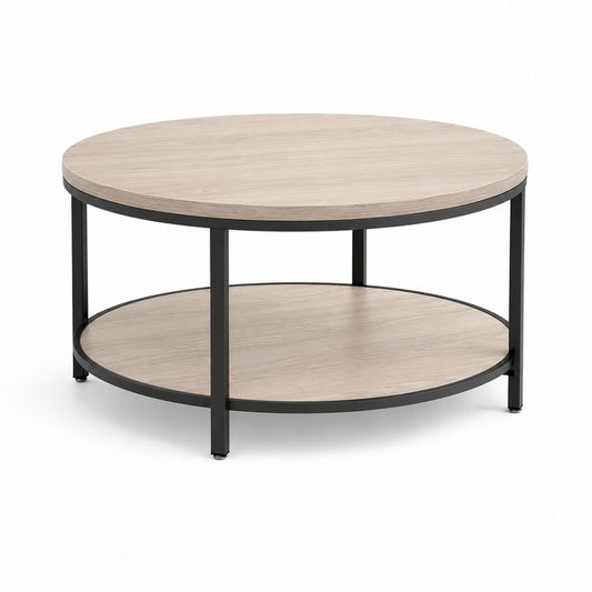 Tavolino da caffè rotondo a 2 ripiani in MDF e acciaio, beige effetto rovere e nero, 80 × 45 cm