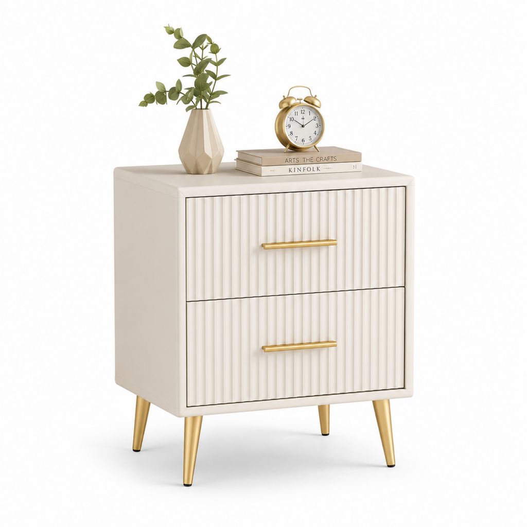 Comodino rettangolare con 2 cassetti in MDF e acciaio, bianco e oro, 50 × 40 × 60 cm
