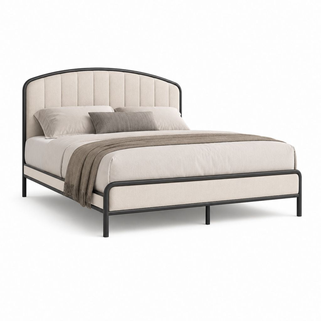 Letto matrimoniale imbottito 160 x 200 cm in acciaio e tessuto beige con testiera arcuata