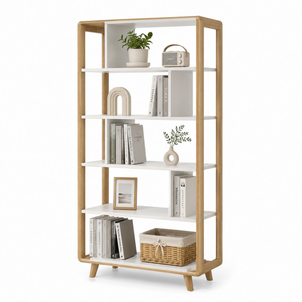 Libreria rettangolare a 6 ripiani in bambù massello e MDF, bianco e naturale, 80 × 30 × 160 cm