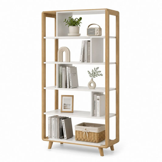 Libreria rettangolare a 6 ripiani in bambù massello e MDF, bianco e naturale, 80 × 30 × 160 cm