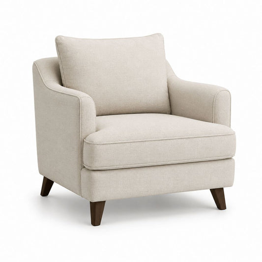 Poltrona imbottita in tessuto beige con braccioli e gambe in legno, 88 × 88 × 88 cm