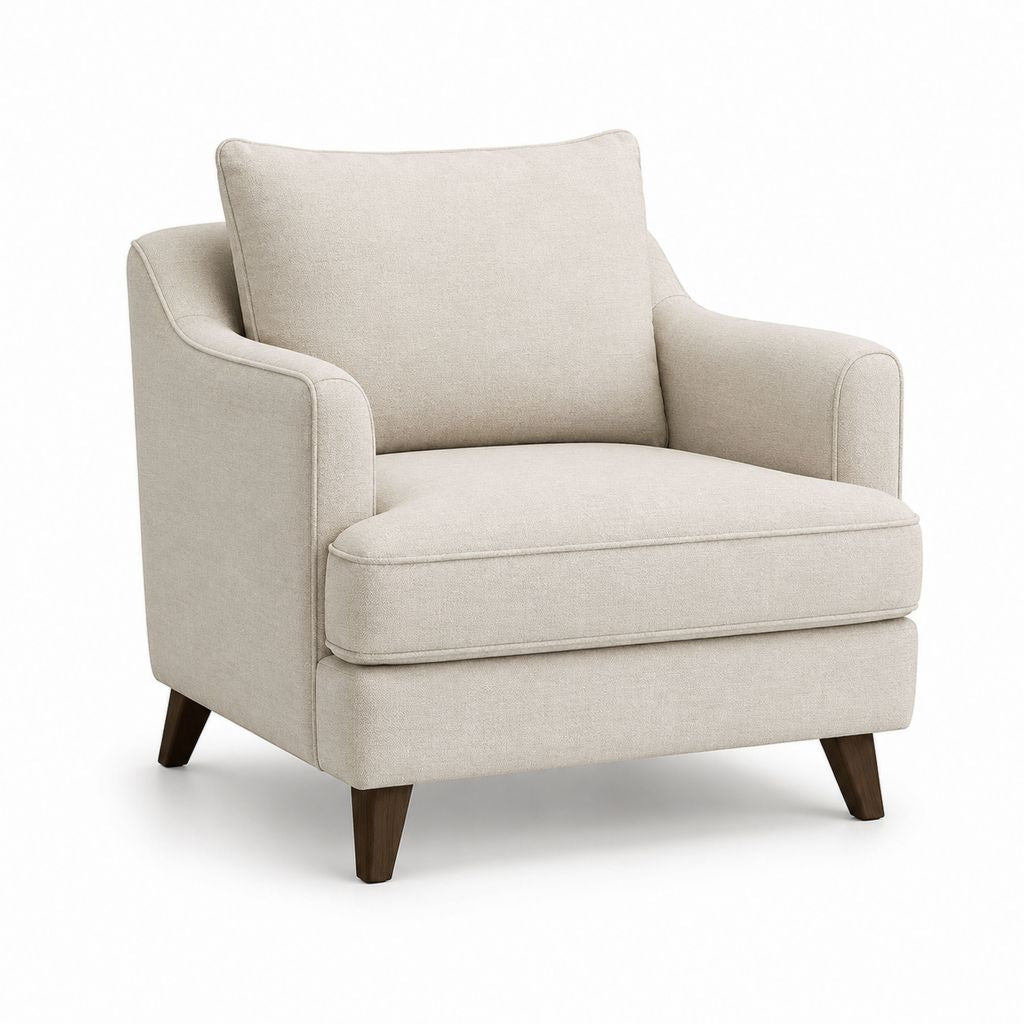 Poltrona imbottita in tessuto beige con braccioli e gambe in legno, 88 × 88 × 88 cm