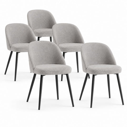 Set di 5 sedie da pranzo imbottite in tessuto e acciaio, grigio chiaro e nero, 51 × 58 × 82 cm