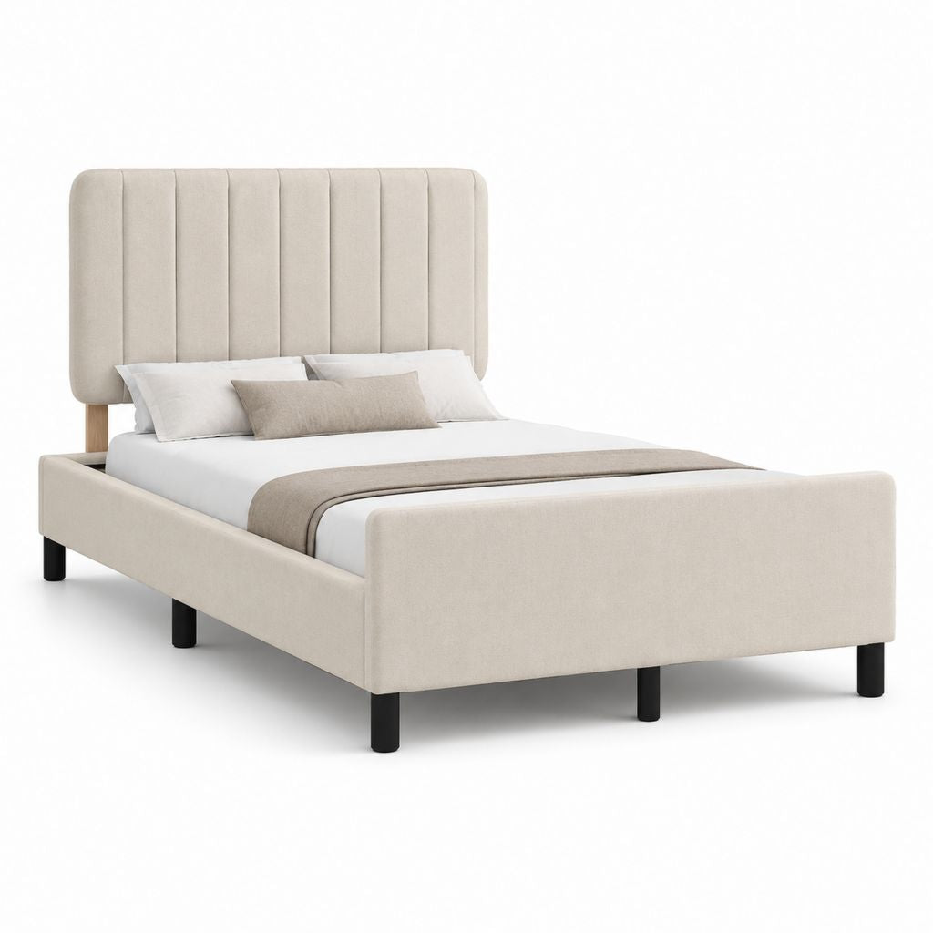 Letto matrimoniale imbottito in tessuto beige con rete a doghe, 172 x 216 x 125 cm, per materasso 160 x 200 cm
