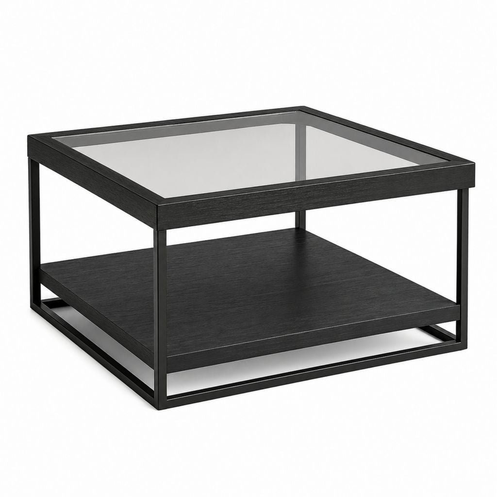 Tavolino da caffè quadrato in vetro, acciaio e MDF nero e trasparente con ripiano, 70 × 70 × 45 cm