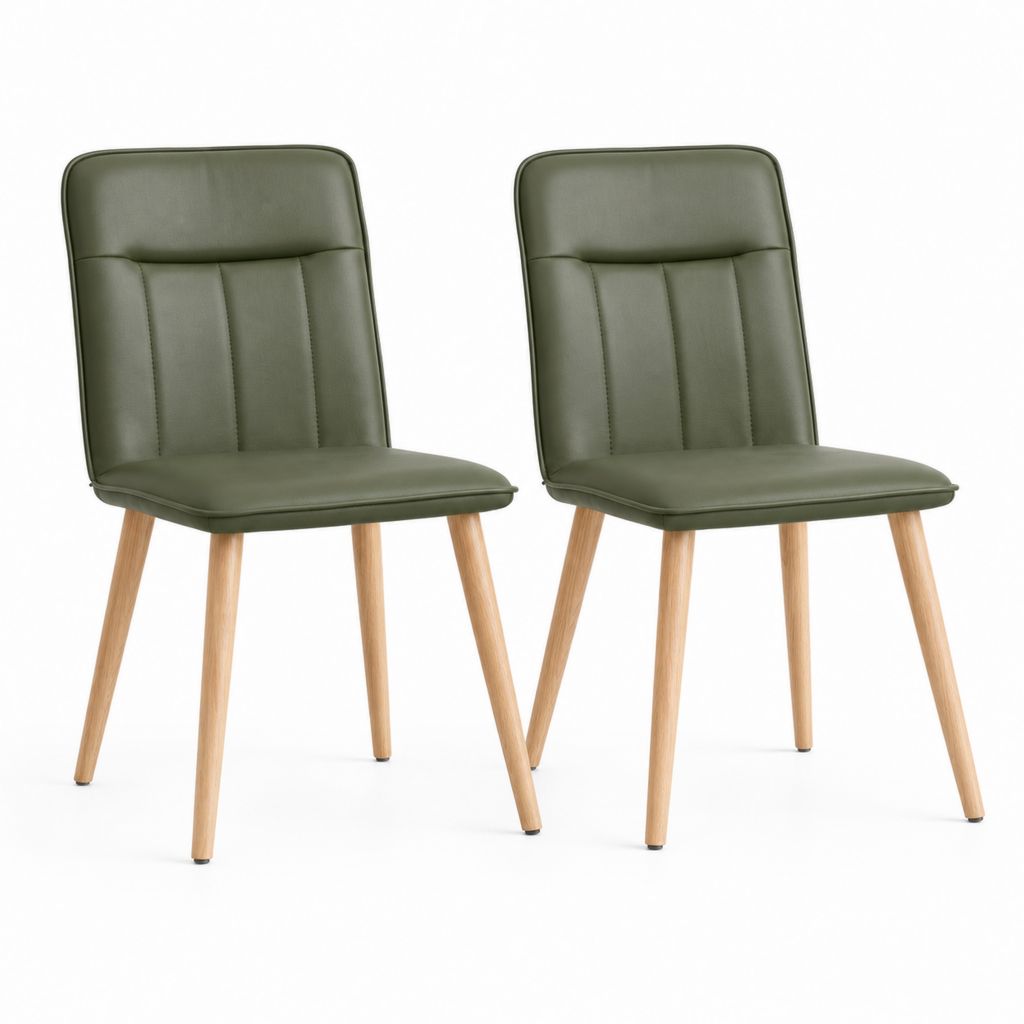 Set di 2 sedie da pranzo imbottite in similpelle PU verde oliva con gambe in acciaio effetto legno, 43 x 56 x 86 cm