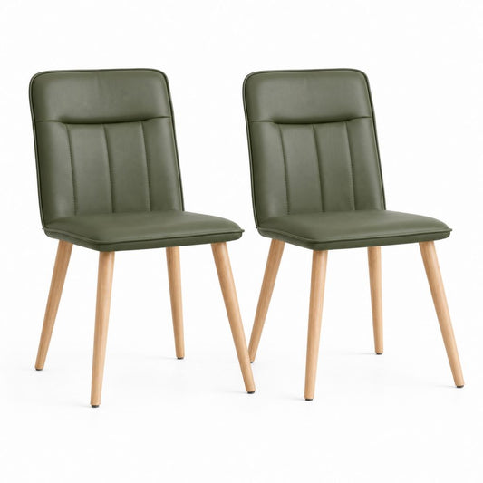 Set di 2 sedie da pranzo imbottite in similpelle PU verde oliva con gambe in acciaio effetto legno, 43 x 56 x 86 cm