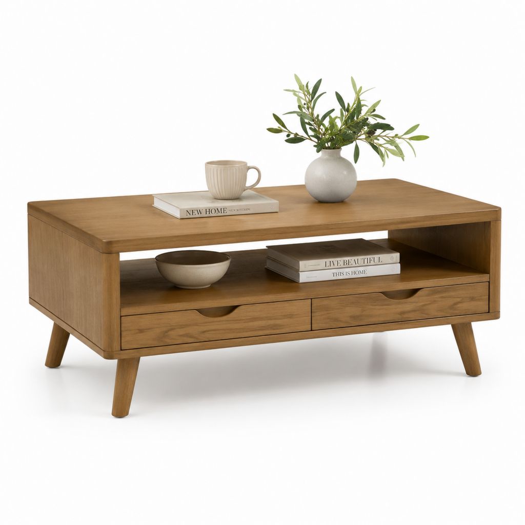 Tavolino da salotto rettangolare in legno marrone rovere con 2 cassetti e ripiano, 110 x 60 x 45 cm