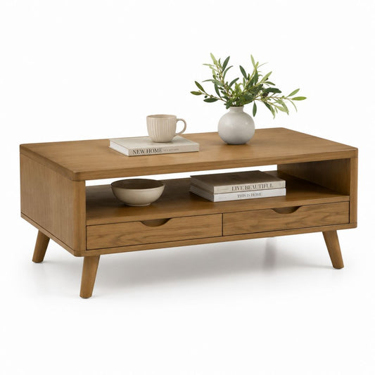 Tavolino da salotto rettangolare in legno marrone rovere con 2 cassetti e ripiano, 110 x 60 x 45 cm