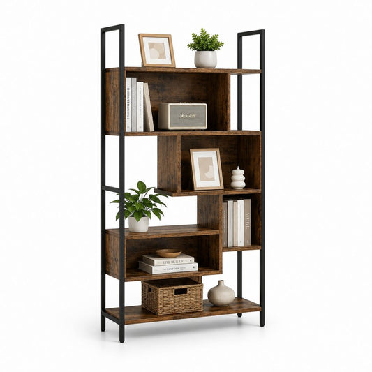 Libreria rettangolare a 5 ripiani in pannelli truciolari e acciaio, marrone rustico e nero, 80 × 30 × 180 cm