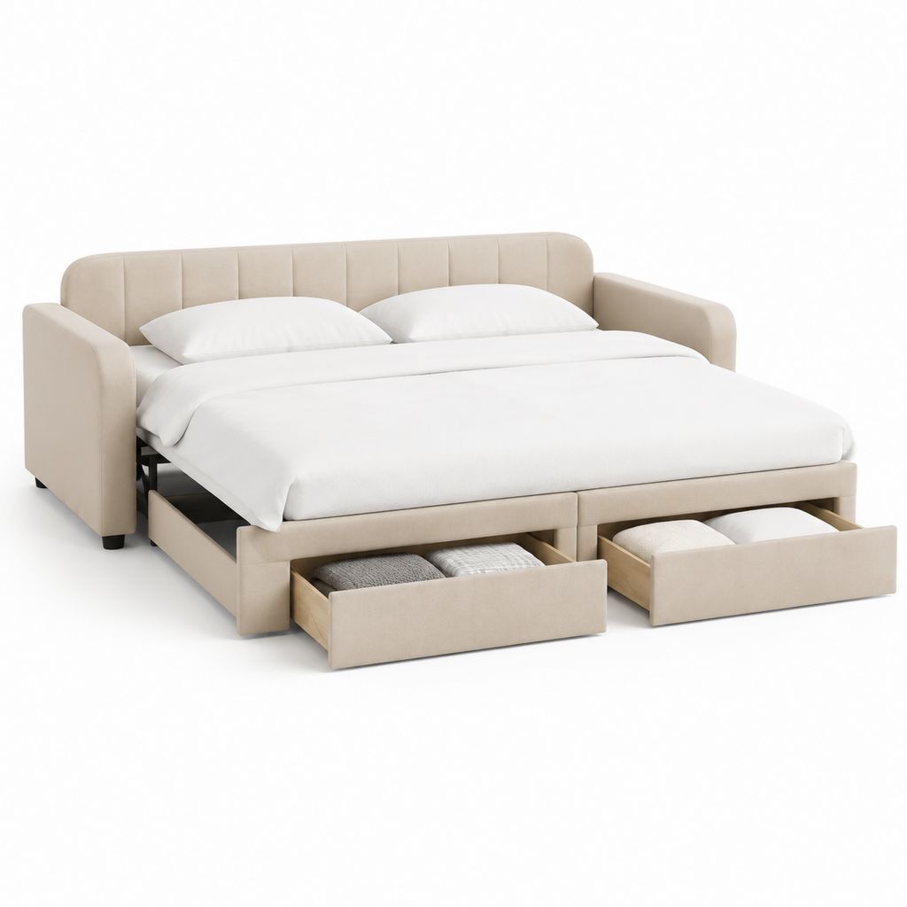Divano letto matrimoniale in tessuto beige con 4 cassetti, 225 x 95 x 90 cm, superficie letto 160 x 200 cm