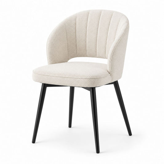 Sedia da pranzo imbottita in poliestere bouclé con gambe in acciaio, schienale curvo, beige e nero, 56 x 59 x 80 cm