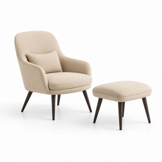Set poltrona con poggiapiedi in tessuto bouclé beige, 76 × 82 × 93 cm e 61 × 45 × 42 cm