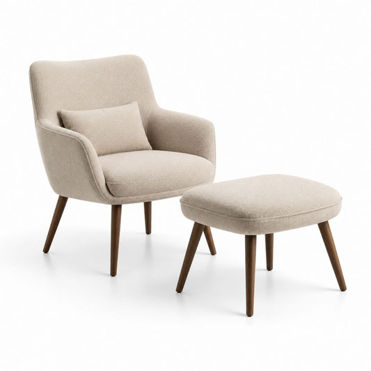 Set di poltrona con poggiapiedi in tessuto bouclé beige e legno massello, 78 x 75 x 86 cm e 60 x 48 x 42 cm, 2 pezzi