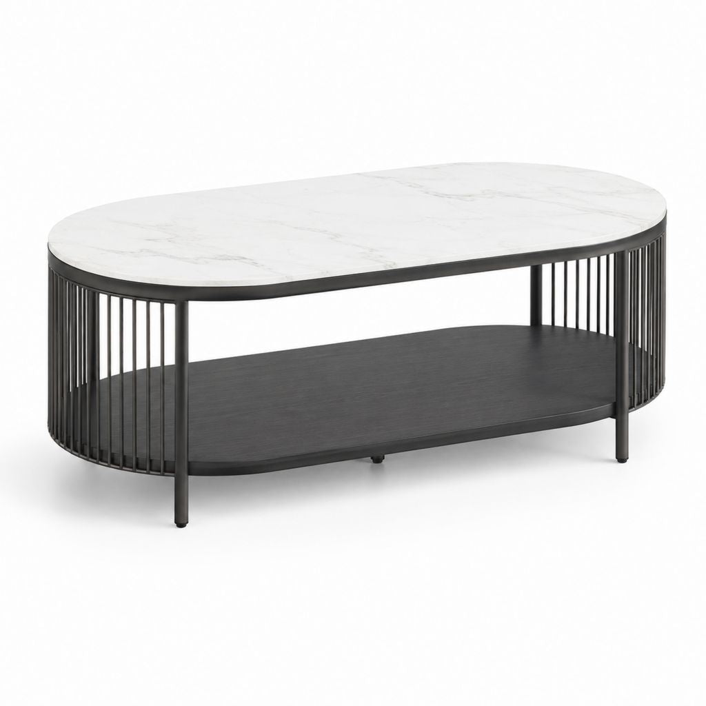 Tavolino da caffè ovale in MDF effetto marmo bianco e grigio con struttura in acciaio nero, 110 × 60 × 45 cm