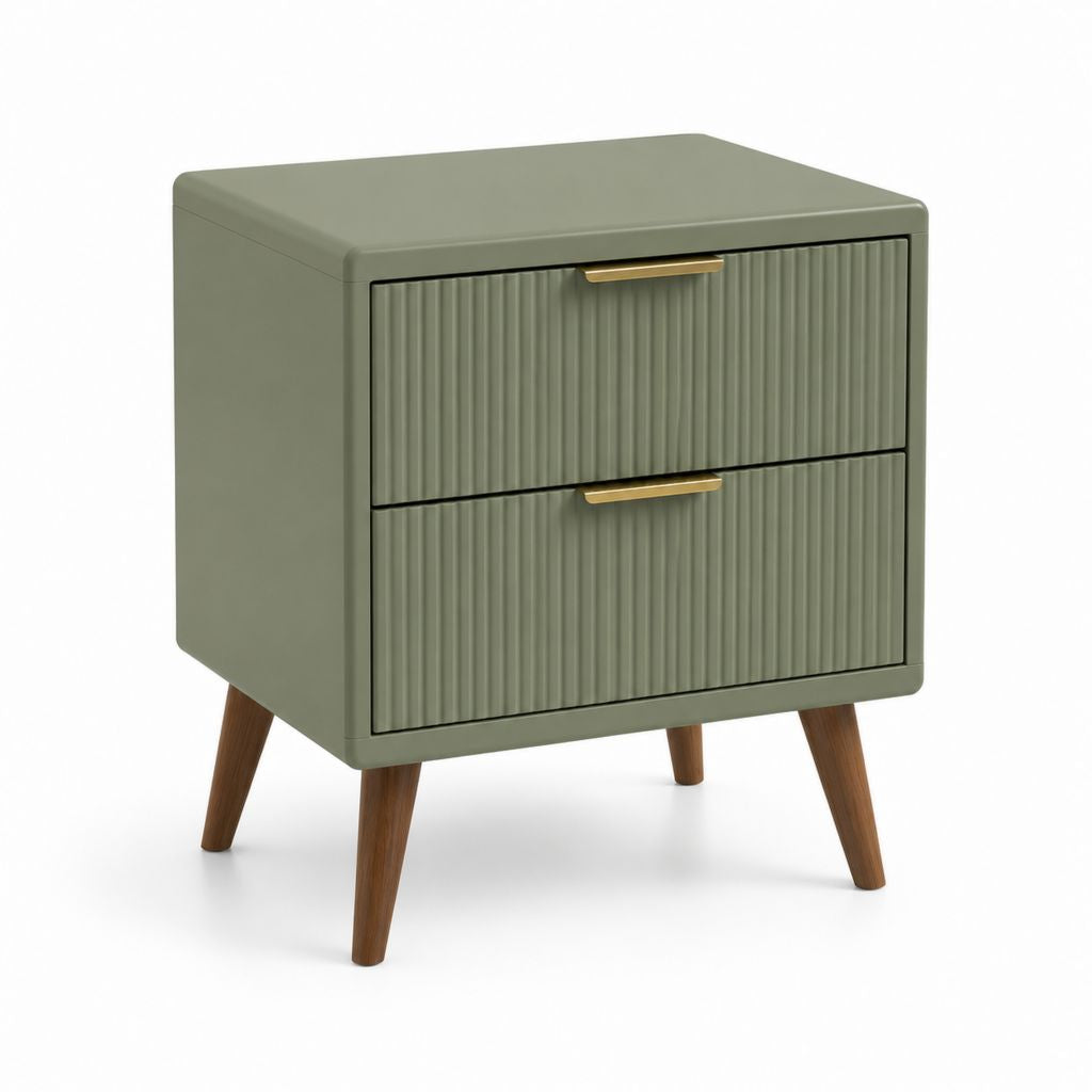 Comodino rettangolare verde oliva con 2 cassetti, gambe in legno massello e maniglie in metallo, 50 x 40 x 60 cm