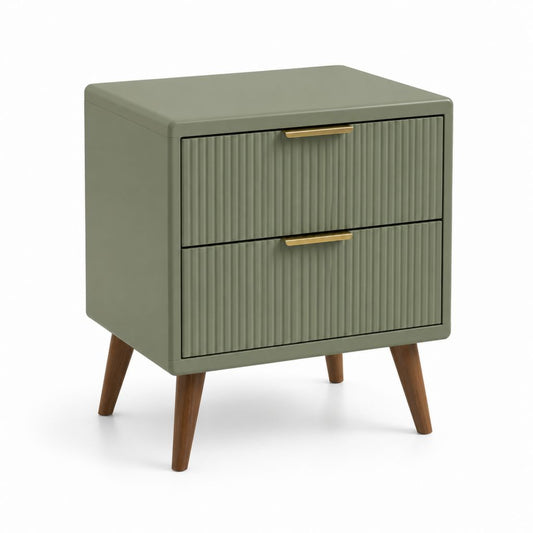 Comodino rettangolare verde oliva con 2 cassetti, gambe in legno massello e maniglie in metallo, 50 x 40 x 60 cm